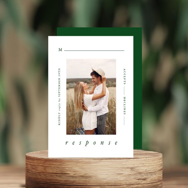 Modern Minimal Emerald Green Photo Wedding RSVP Card (Creator Uploaded)
