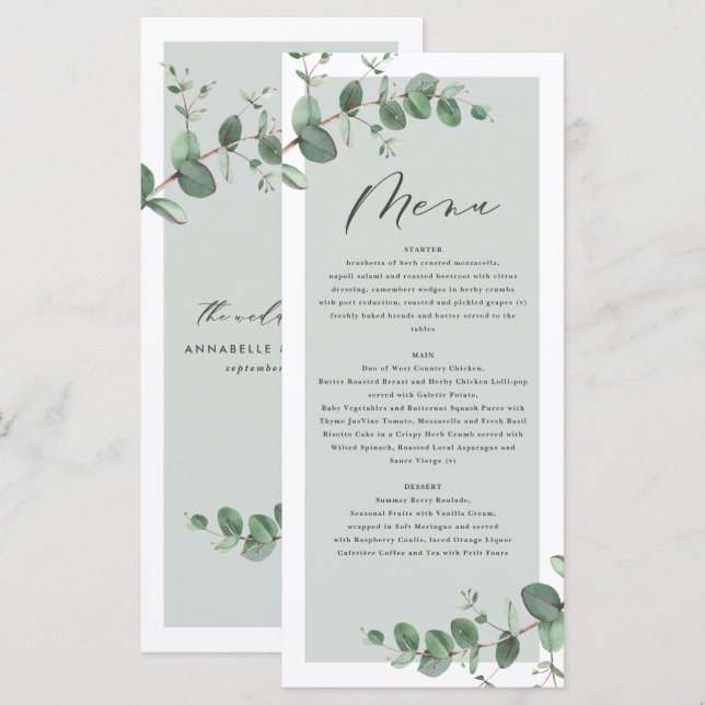 Modern minimal eucalyptus simple elegant wedding m menu (Front/Back)