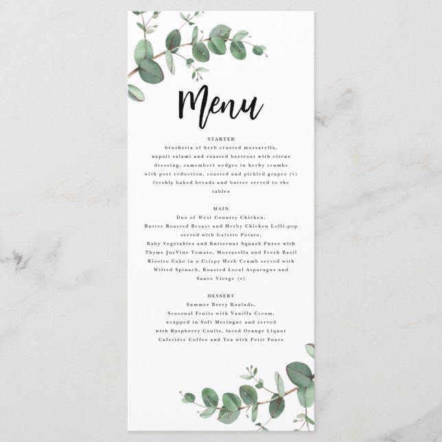 Modern minimal eucalyptus simple elegant wedding m menu (Front)