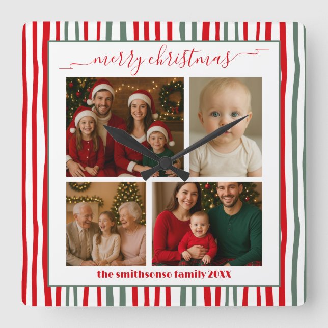 Modern Minimal family Photo merry Christmas Square Wall Clock (Front)