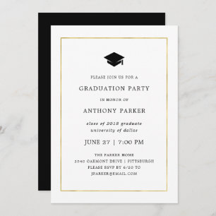 Modern Minimal Faux Gold Border Graduation Party Invitation