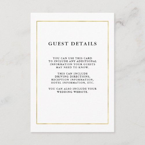 Modern Minimal  Faux Gold Border Guest Details Enclosure Card