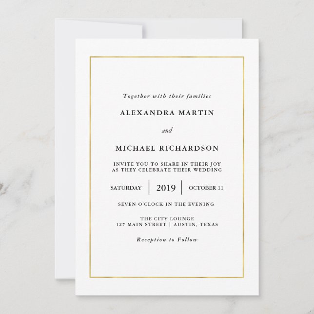 Modern Minimal | Faux Gold Border Wedding Invitation (Front)