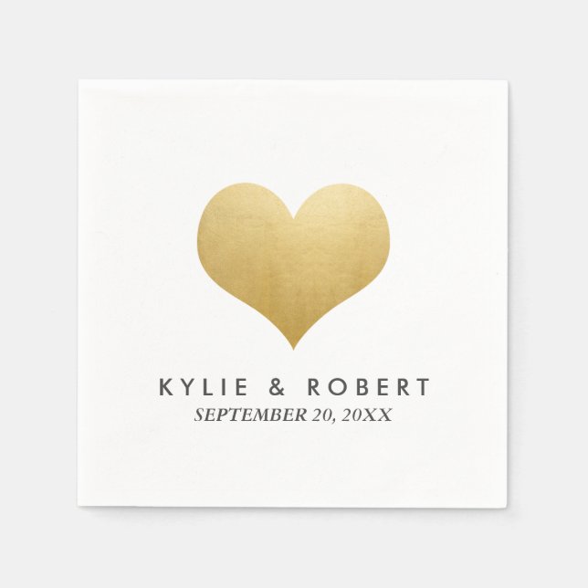 Modern Minimal Faux Gold Foil Cute Heart Wedding Paper Napkins (Front)