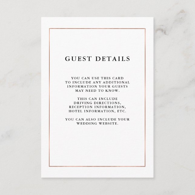 Modern Minimal Faux Rose Gold Border Guest Details Enclosure Card (Front)