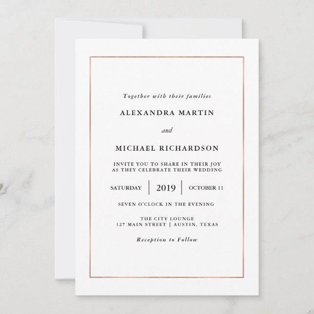 Modern Minimal | Faux Rose Gold Border Wedding Invitation (Front)