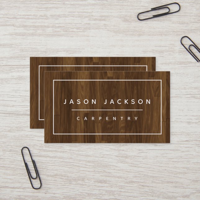 Modern Minimal Faux Wood Construction Business Business Card (Front/Back In Situ)
