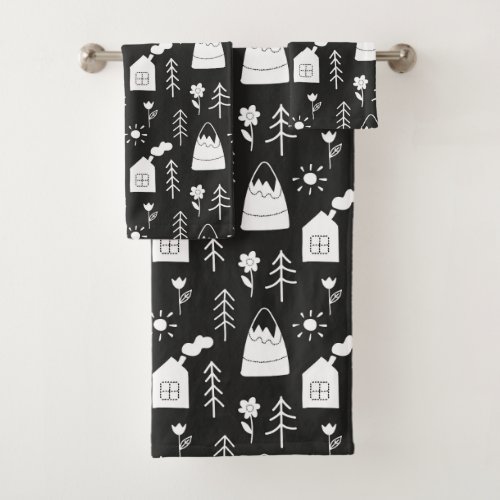 Modern Minimal Festive Scandi Black and White  Bath Towel Set