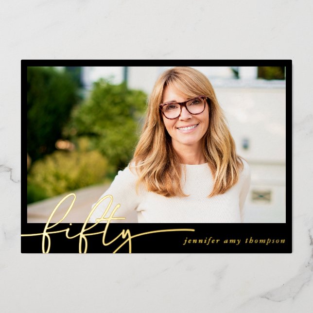 Modern Minimal Fifty 50th Photo Birthday Party Foil Invitation (Front)