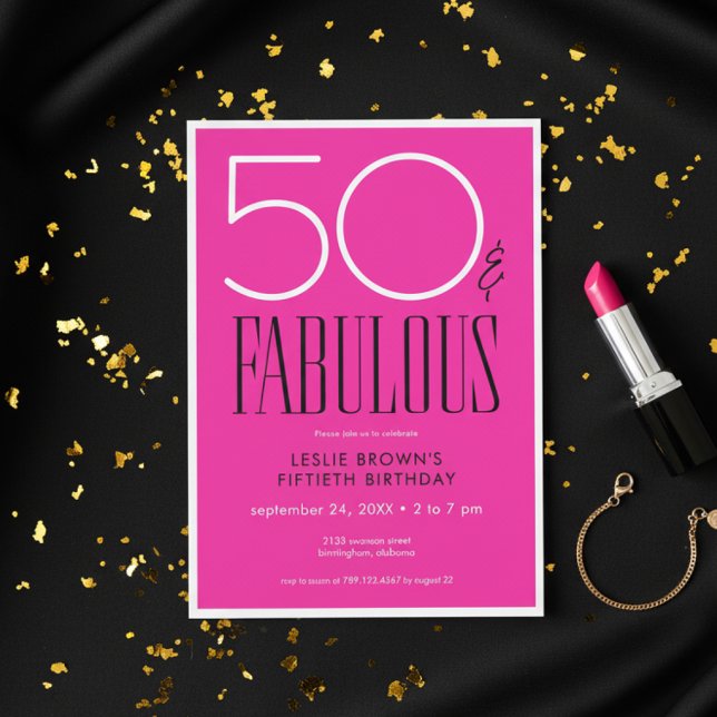 Modern Minimal Fifty Fabulous Bright Pink Birthday Invitation (Creator Uploaded)