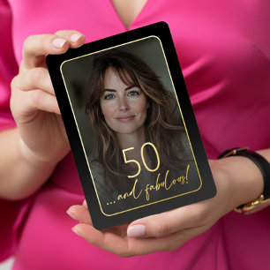 Modern Minimal Fifty Fabulous Photo Black Birthday Foil Invitation