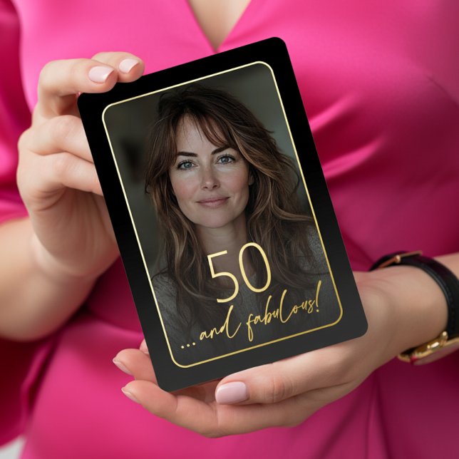 Modern Minimal Fifty Fabulous Photo Black Birthday Foil Invitation (Creator Uploaded)