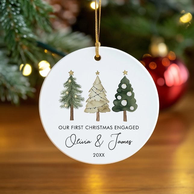 Modern Minimal First Christmas Engaged Ceramic Ornament (Creator Uploaded)