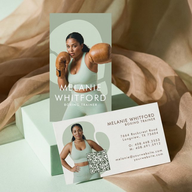 Modern Minimal Fitness Boxing Trainer Photo QR Business Card (Modern Minimal Fitness Boxing Trainer Photo QR Business Card)