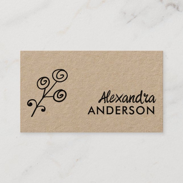 Modern Minimal Floral Kraft Script Business Card (Front)