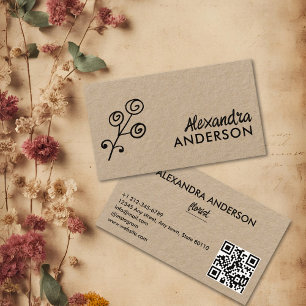 Modern Minimal Floral Kraft Script QR Code Business Card