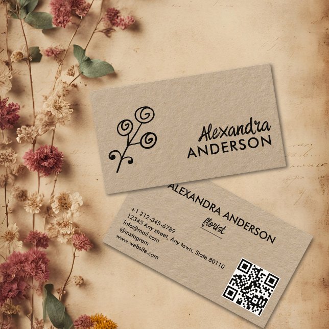 Modern Minimal Floral Kraft Script QR Code Business Card (Modern Minimal Floral Kraft Script QR Code Business Card)