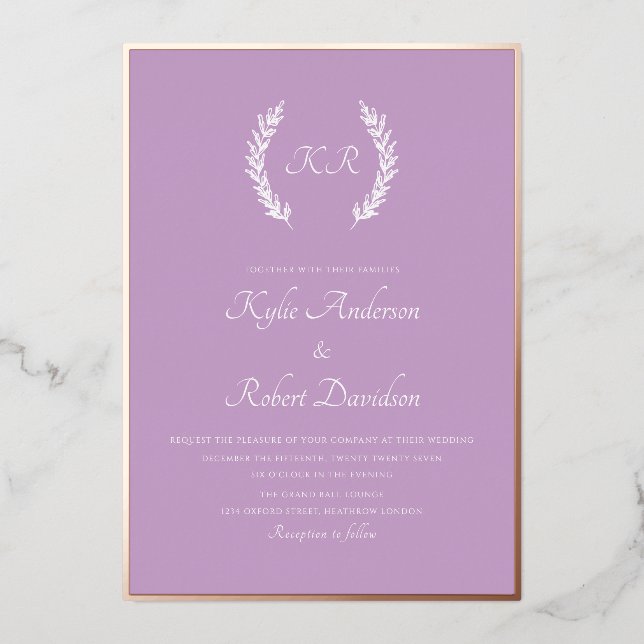 Modern Minimal Floral Monogram Lavender Rose Gold Foil Invitation (Front)