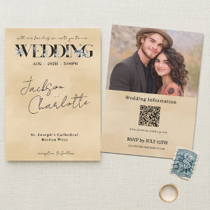 Modern Minimal Floral Script Photo QR Code Wedding Invitation