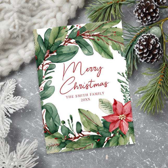 Modern Minimal Floral Wreath Merry Christmas Holiday Card (Creator Uploaded)