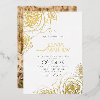 Modern Minimal Flowers White Gold Rose Wedding Foil Invitation