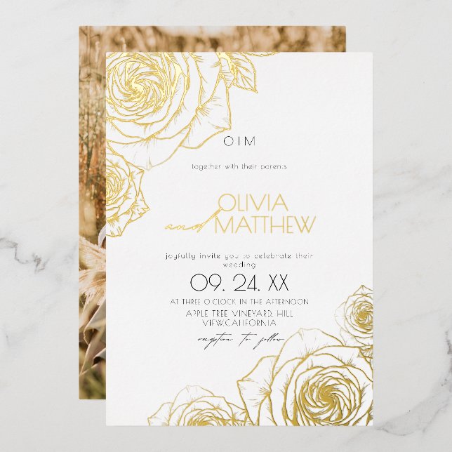 Modern Minimal Flowers White Gold Rose Wedding  Foil Invitation (Front/Back)