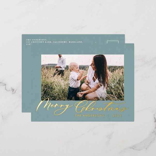 Modern minimal foliage 1 photo script elegant blue foil holiday postcard (Front/Back)