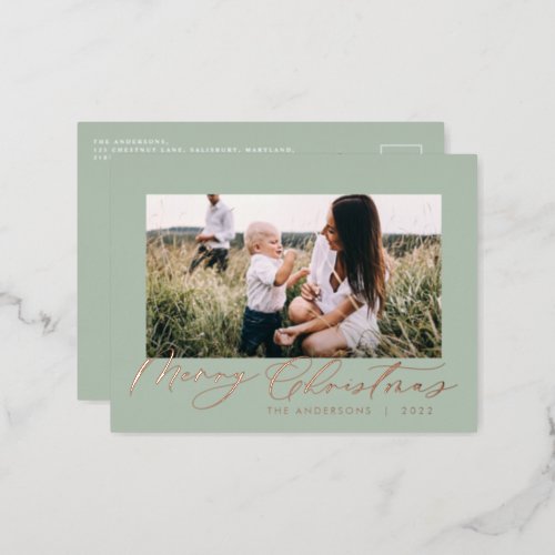 Modern minimal foliage 1 photo script elegant foil foil holiday postcard