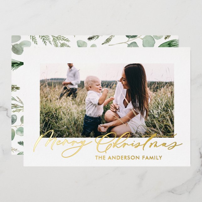 Modern minimal foliage 1 photo script elegant foil holiday card (Front/Back)