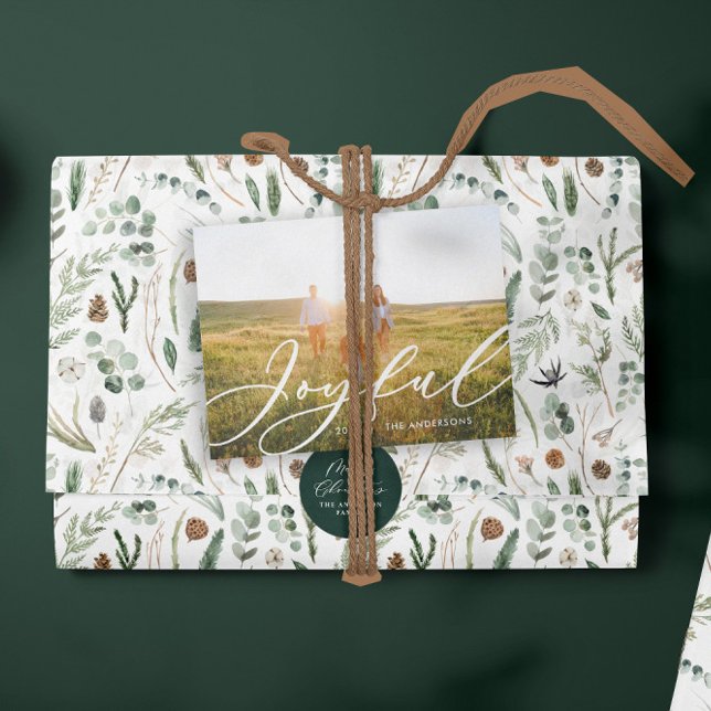 Modern minimal foliage 1 photo script elegant  hol holiday postcard (Creator Uploaded)