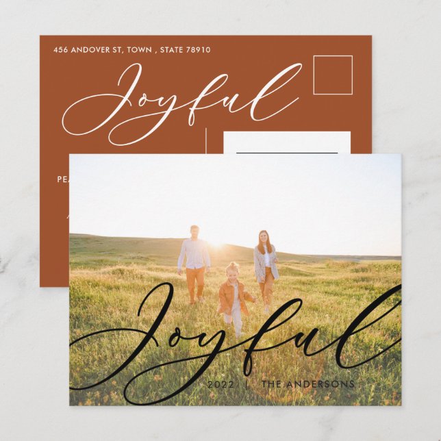 Modern minimal foliage 1 photo script elegant holi holiday postcard (Front/Back)