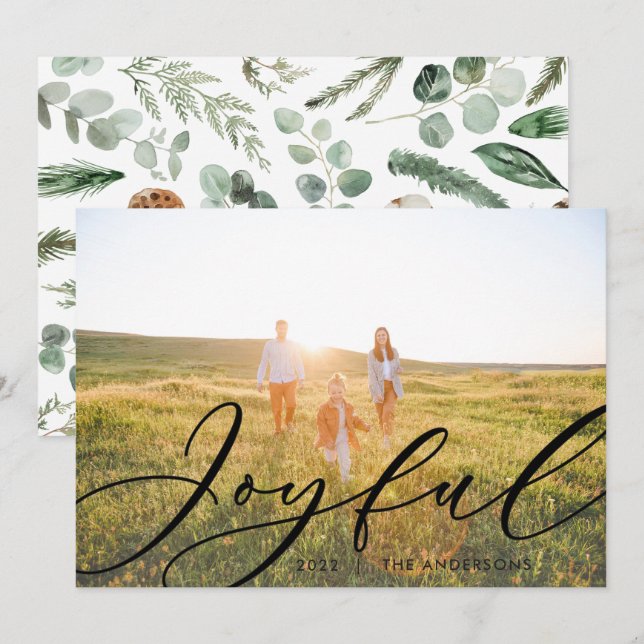 Modern minimal foliage 1 photo script elegant holiday card (Front/Back)