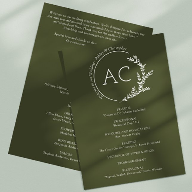 Modern Minimal Foliage Frame Olive Green Wedding Program (Creator Uploaded)