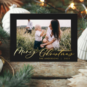 Modern minimal foliage photo script elegant black foil holiday card