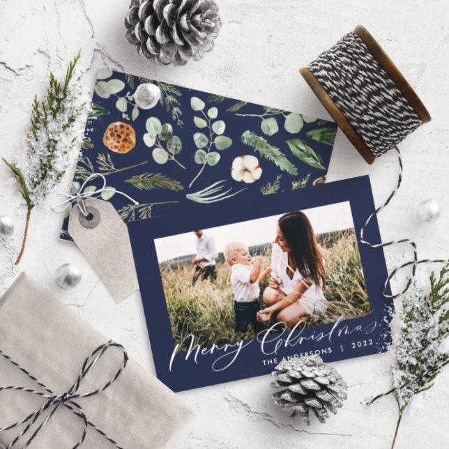 Modern minimal foliage photo script elegant blue foil holiday card (Creator Uploaded)