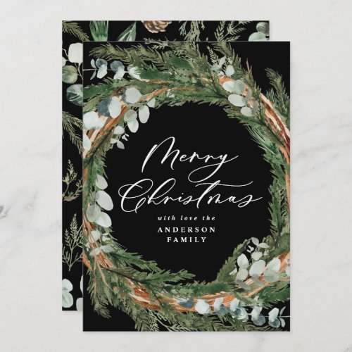 Modern minimal foliage wreath black Christmas Holiday Card