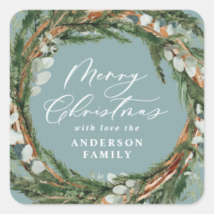 Modern minimal foliage wreath blue Christmas Square Sticker