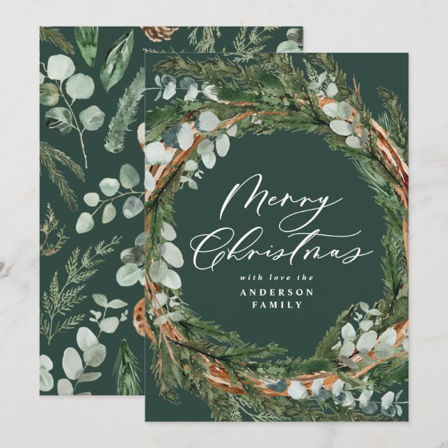 Modern minimal foliage wreath green Christmas Holiday Card (Front/Back)