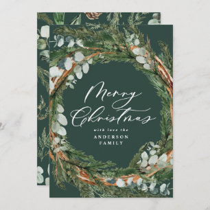 Modern minimal foliage wreath green Christmas Holiday Card