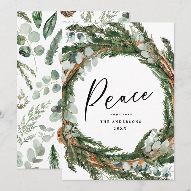 Modern minimal foliage wreath peace script holiday card (Front/Back)