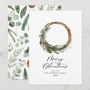 Modern minimal foliage wreath peace script holiday card