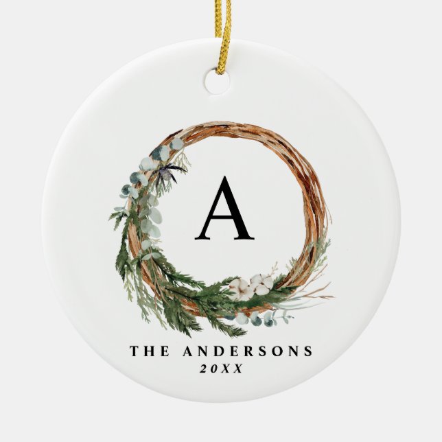 Modern minimal foliage wreath peace script holiday ceramic ornament (Front)