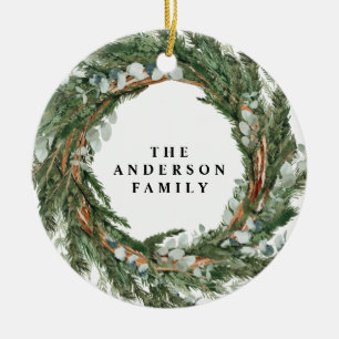 Modern minimal foliage wreath peace script holiday ceramic ornament