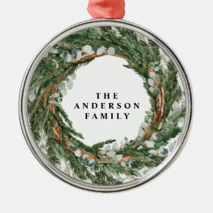 Modern minimal foliage wreath peace script holiday metal ornament