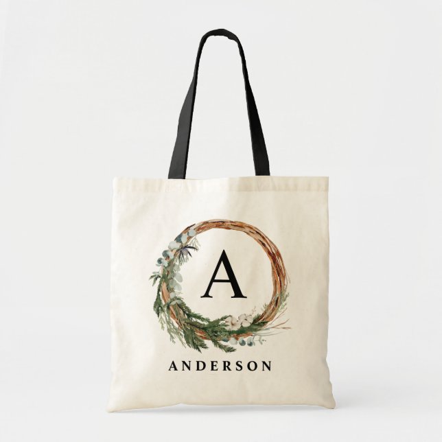 Modern minimal foliage wreath photo scrip name tote bag (Front)