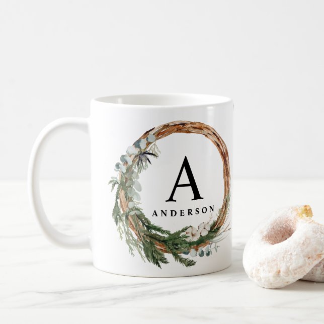 Modern minimal foliage wreath photo script holiday coffee mug (With Donut)