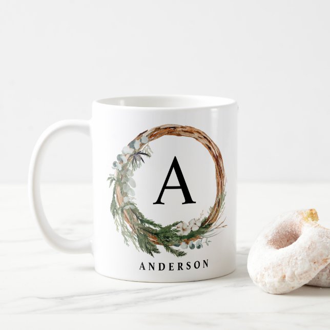 Modern minimal foliage wreath photo script holiday coffee mug (With Donut)
