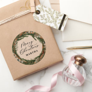 Modern minimal foliage wreath script Christmas Classic Round Sticker