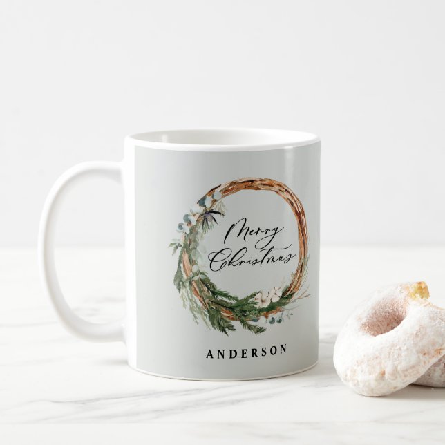 Modern minimal foliage wreath script Christmas Coffee Mug (With Donut)