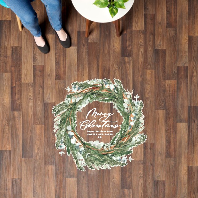 Modern minimal foliage wreath script Christmas Floor Decals (Floor)